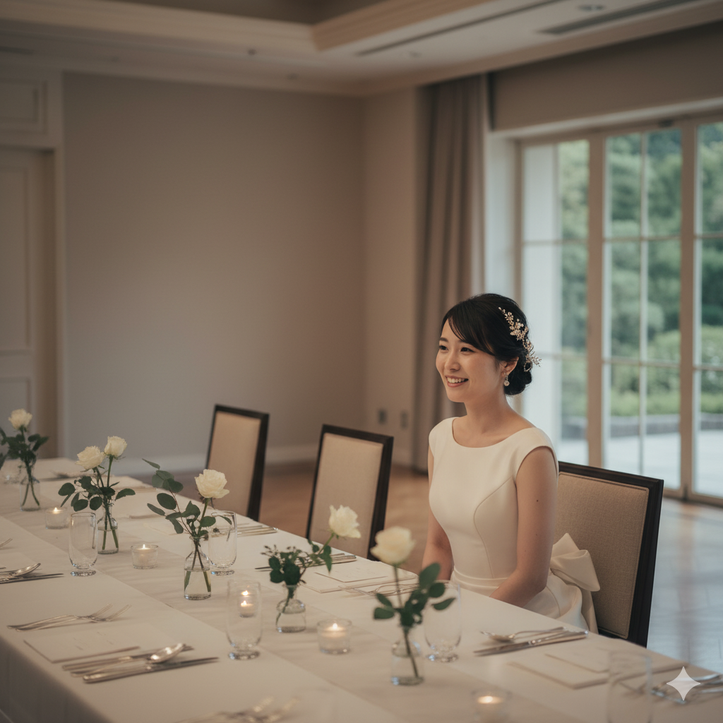 節約のために装飾を減らした結婚式で、少し寂しげに微笑む花嫁の様子