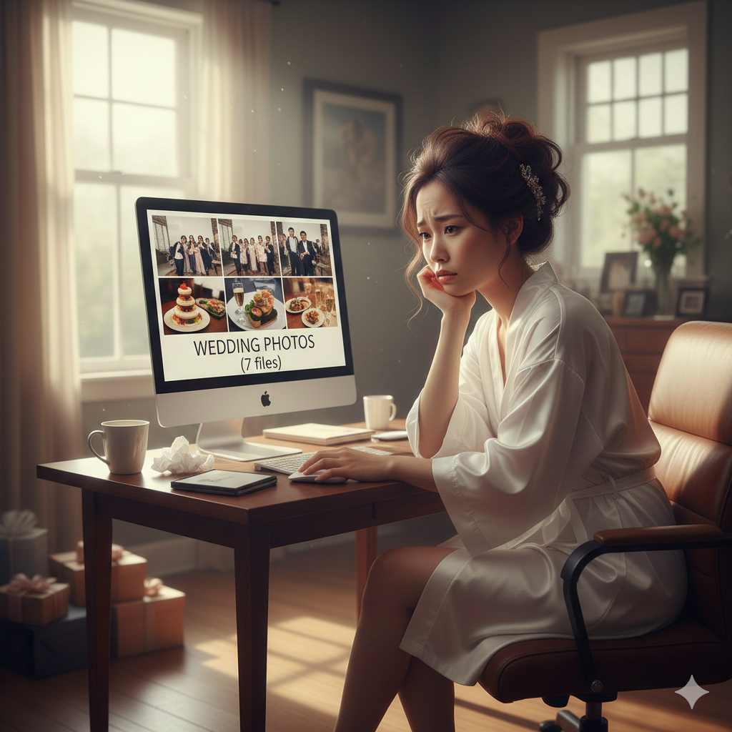 結婚式の写真が少なくてショックを受けている花嫁がパソコン画面を見つめる様子