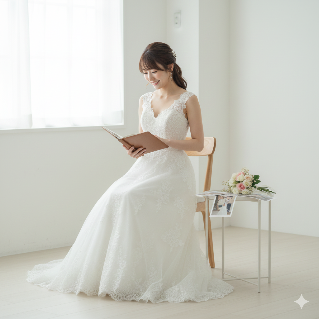 フォトウェディングの写真を見返して穏やかに微笑む花嫁