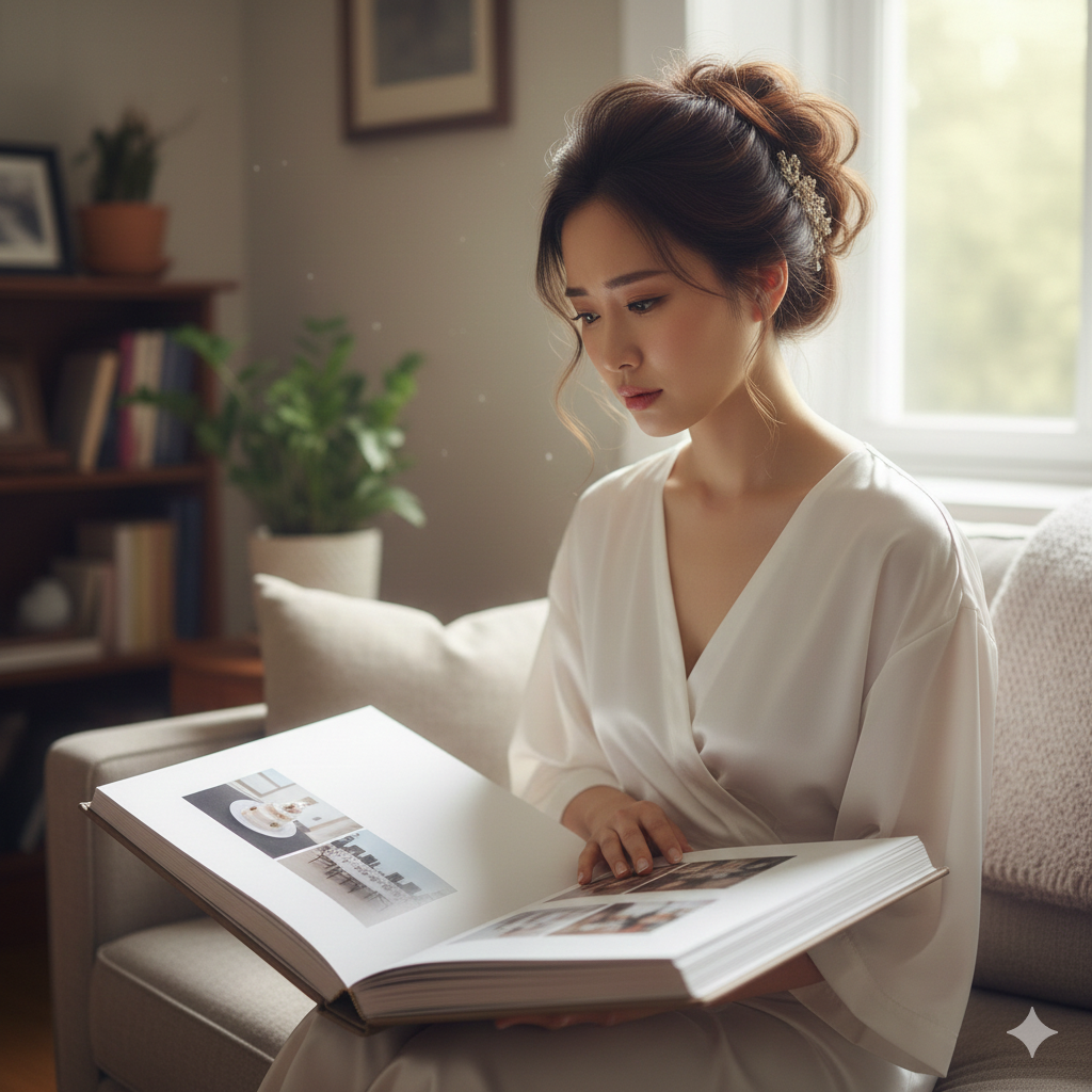 写真が少ない結婚式のアルバムを見て切なそうな表情をする花嫁