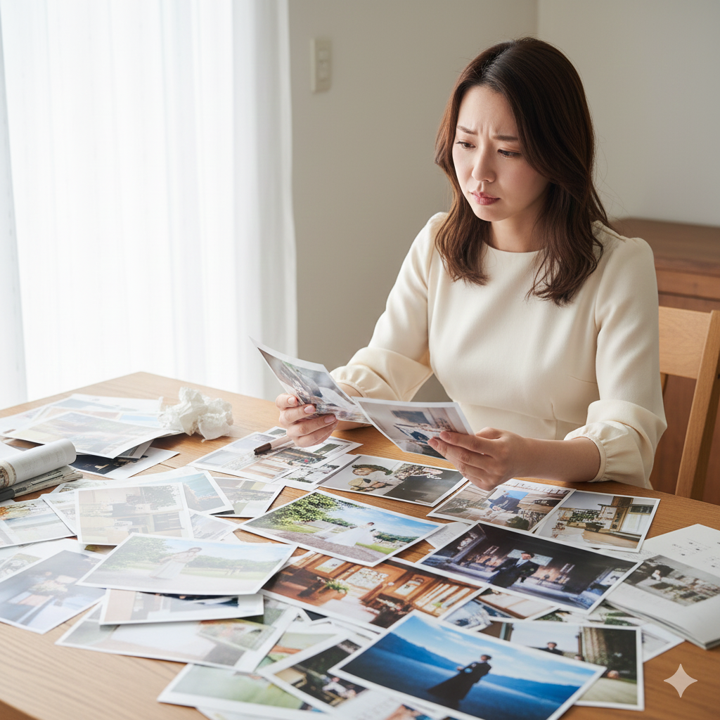 フォトウェディングの世界観を選びきれず悩む花嫁