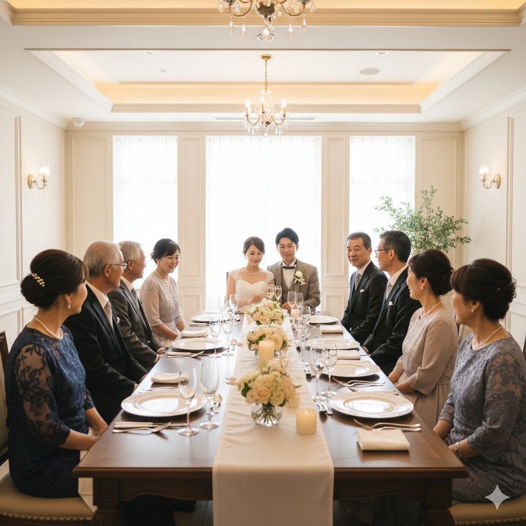 親族婚の披露宴で、誰も撮影しておらず静かに座る親族の様子