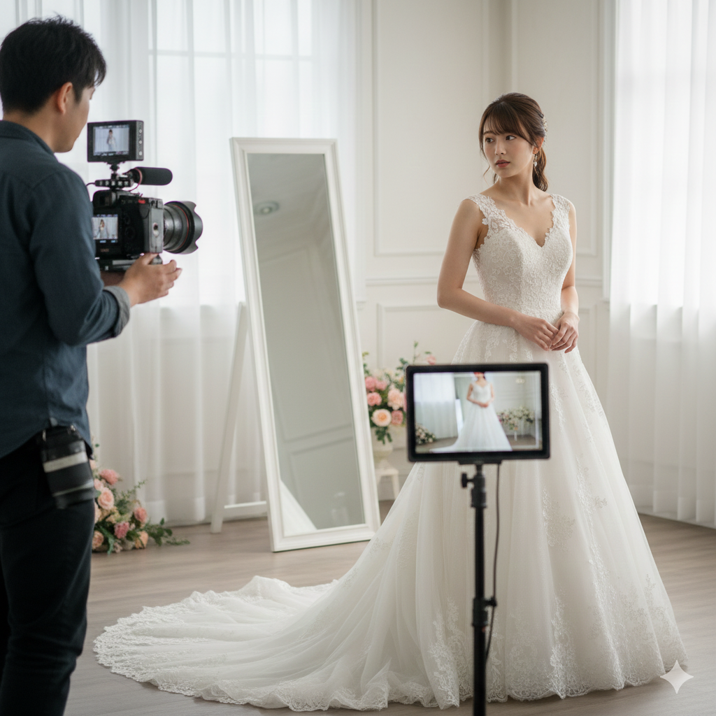 撮影中に自分の見た目を気にして緊張する花嫁