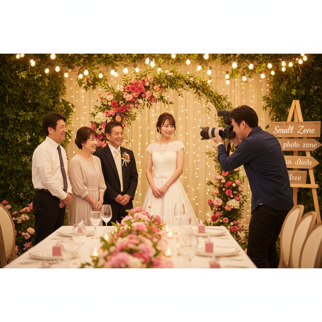 プロカメラマンが花嫁と家族を撮影し、親族が笑顔で見守る少人数婚の様子