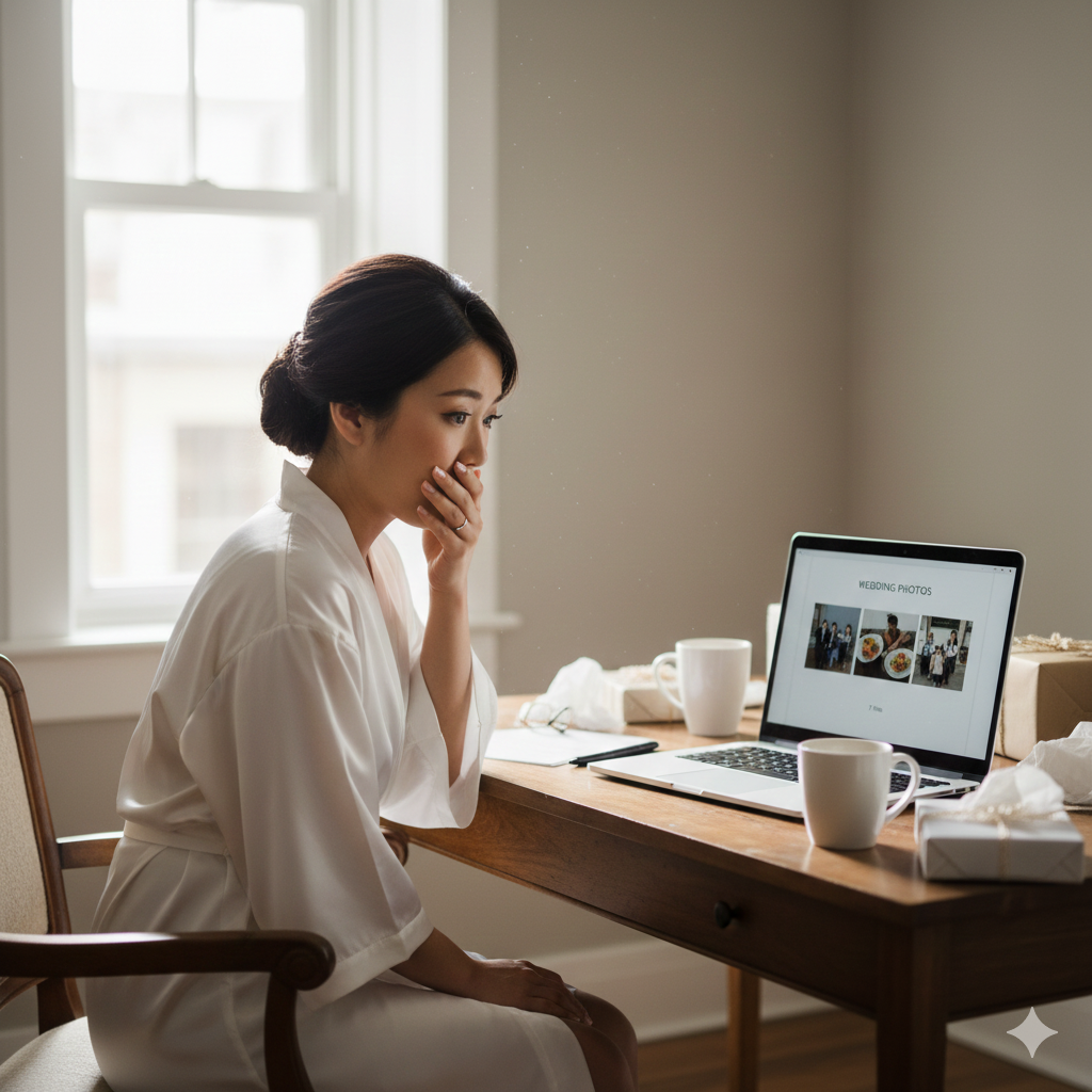 結婚式後に写真が少ないことを知り落ち込む花嫁がパソコン画面を見つめる様子